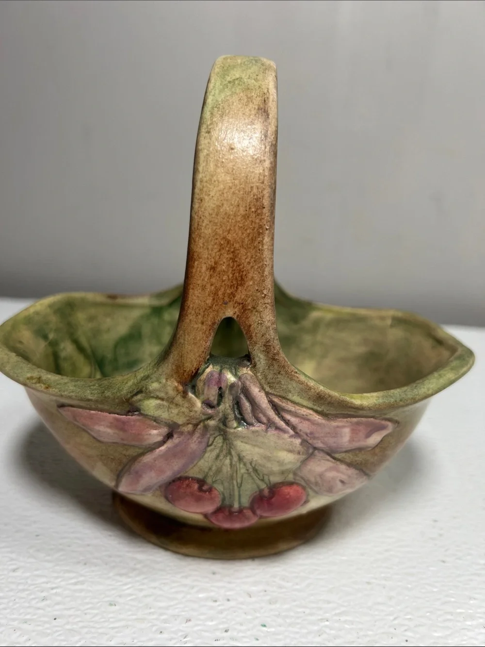 Vintage WELLER POTTERY FLEMISH BASKET WITH RAISED CHERRIES
